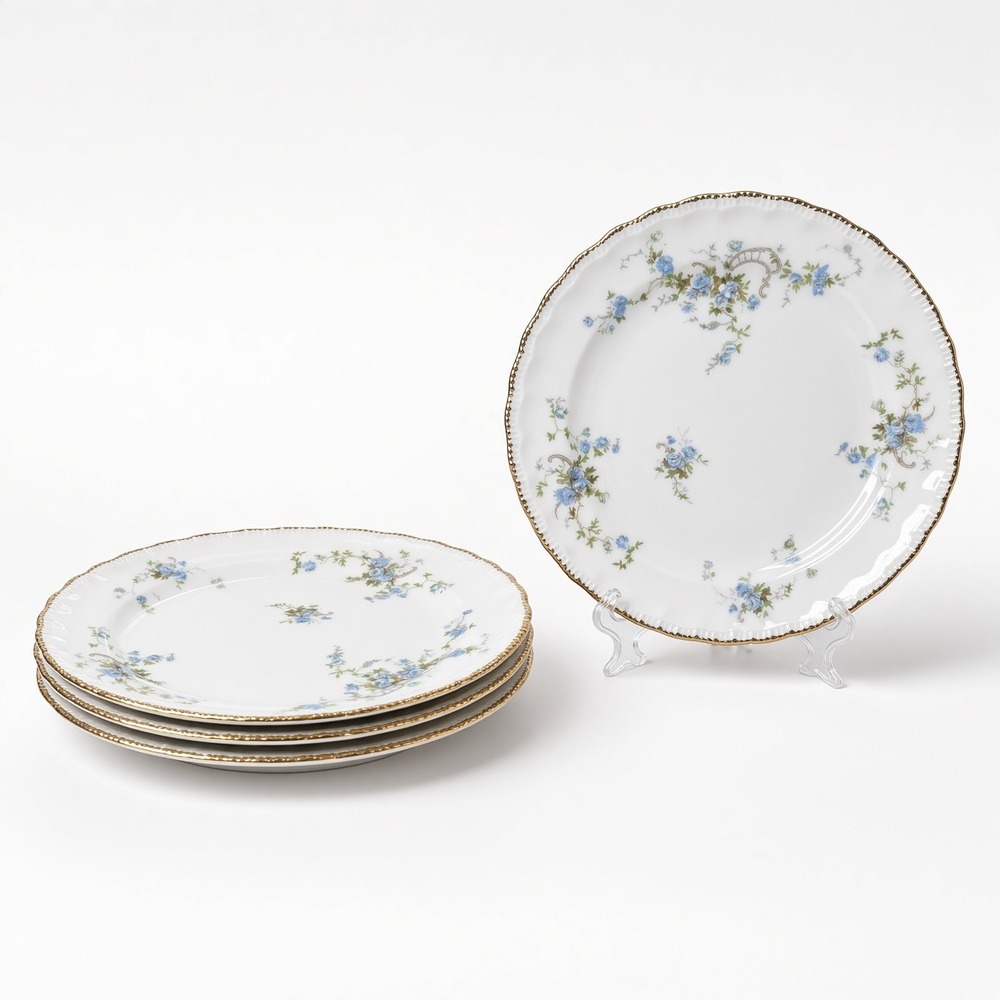Pope Gosser China Fleurette Blue Floral 6 Inch Plates Set of 5 Gold Rim USA